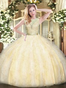 Light Yellow Backless Scoop Lace and Ruffles Quinceanera Dress Organza Sleeveless