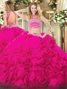 Flare Hot Pink Two Pieces Beading and Ruffles Sweet 16 Quinceanera Dress Backless Tulle Sleeveless Floor Length