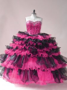 Fantastic Pink And Black Vestidos de Quinceanera Sweet 16 and Quinceanera with Beading and Ruffled Layers Sweetheart Sleeveless Lace Up