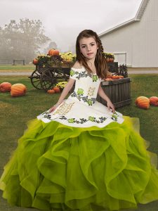 Enchanting Olive Green Ball Gowns Embroidery and Ruffles Pageant Dress for Girls Lace Up Organza Sleeveless Floor Length