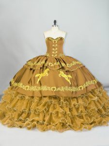 Admirable Sweetheart Sleeveless Satin and Organza 15th Birthday Dress Embroidery and Ruffled Layers Brush Train Lace Up
