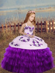 Most Popular Eggplant Purple Organza Lace Up Straps Sleeveless Floor Length Little Girls Pageant Dress Wholesale Embroidery and Ruffled Layers