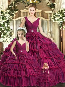 Burgundy Organza Backless Quinceanera Gown Sleeveless Floor Length Ruffled Layers
