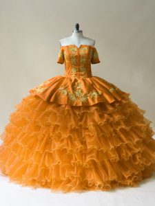 Stylish Gold Organza Lace Up Off The Shoulder Sleeveless Floor Length Sweet 16 Dresses Embroidery and Ruffled Layers