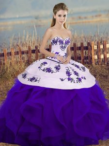 Best White And Purple Ball Gowns Embroidery and Ruffles and Bowknot Quinceanera Gowns Lace Up Tulle Sleeveless Floor Length