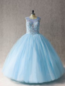 Ball Gowns 15th Birthday Dress Light Blue Scoop Tulle Sleeveless Floor Length Lace Up