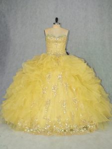 Ball Gowns Quinceanera Gowns Yellow Sweetheart Organza Sleeveless Floor Length Lace Up