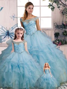 Noble Light Blue Organza Lace Up Quinceanera Dresses Sleeveless Floor Length Beading and Ruffles