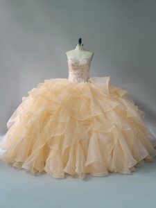 Sweetheart Sleeveless Brush Train Lace Up Quince Ball Gowns Gold Organza