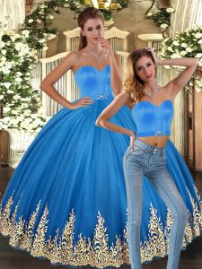 Clearance Baby Blue Two Pieces Sweetheart Sleeveless Tulle Floor Length Lace Up Embroidery Quinceanera Dresses