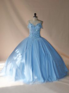 Blue and Light Blue Sleeveless Tulle Brush Train Lace Up Quinceanera Dresses for Sweet 16 and Quinceanera