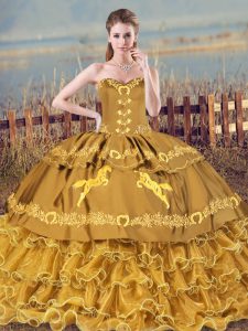 Fabulous Brown Lace Up Quince Ball Gowns Embroidery and Ruffles Sleeveless Brush Train