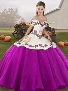 Super Sleeveless Floor Length Embroidery Lace Up Vestidos de Quinceanera with White And Purple