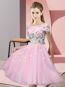 Exquisite Baby Pink Short Sleeves Appliques Knee Length Dama Dress for Quinceanera