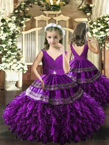 Eggplant Purple Ball Gowns Beading and Appliques and Ruffles and Ruching Little Girls Pageant Dress Backless Organza Sleeveless Floor Length