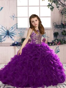 Excellent Floor Length Eggplant Purple Girls Pageant Dresses Organza Sleeveless Beading and Ruffles