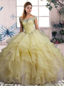 Off The Shoulder Sleeveless Lace Up 15 Quinceanera Dress Yellow Organza