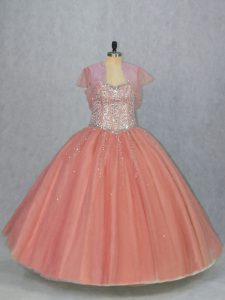 Popular Tulle Sweetheart Sleeveless Lace Up Beading Quinceanera Dress in Watermelon Red