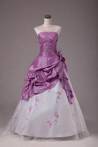 Low Price Organza and Taffeta Strapless Sleeveless Lace Up Embroidery and Pick Ups Quince Ball Gowns in White And Purple