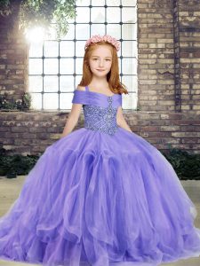 Classical Sleeveless Floor Length Beading Lace Up Pageant Gowns For Girls with Lavender