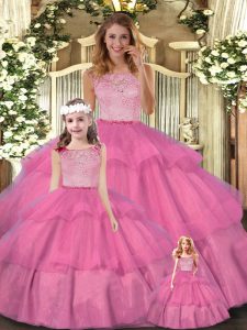 Sweet Floor Length Zipper Quinceanera Gown Hot Pink for Military Ball and Sweet 16 and Quinceanera with Lace and Ruffled Layers
