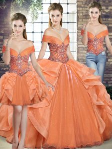 Orange Three Pieces Beading and Ruffles Sweet 16 Dresses Lace Up Organza Sleeveless Floor Length