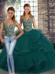 Hot Selling Sleeveless Tulle Floor Length Lace Up Sweet 16 Dress in Peacock Green with Beading and Ruffles