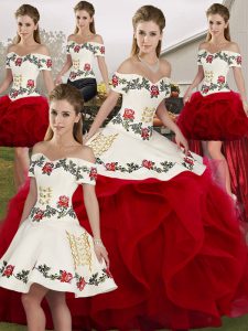 Affordable Sleeveless Floor Length Embroidery and Ruffles Lace Up Vestidos de Quinceanera with White And Red