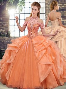 Noble Orange Halter Top Lace Up Beading and Ruffles 15th Birthday Dress Sleeveless