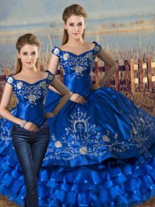 Royal Blue Off The Shoulder Lace Up Embroidery and Ruffled Layers Quinceanera Dresses Sleeveless