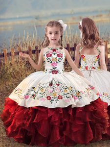 White And Red Scoop Neckline Embroidery and Ruffles Little Girls Pageant Dress Wholesale Sleeveless Lace Up