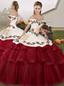 Inexpensive Brush Train Ball Gowns 15 Quinceanera Dress Wine Red Off The Shoulder Tulle Sleeveless Lace Up