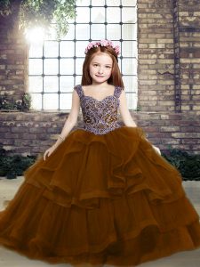 Ball Gowns Little Girls Pageant Dress Wholesale Brown Straps Tulle Sleeveless Lace Up
