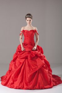 Modest Ruching and Pick Ups and Hand Made Flower Vestidos de Quinceanera Red Lace Up Sleeveless Brush Train
