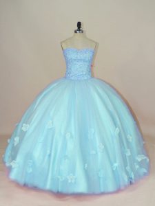 Floor Length Lace Up Sweet 16 Quinceanera Dress Aqua Blue for Sweet 16 and Quinceanera with Beading and Hand Made Flower