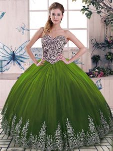 Olive Green Sleeveless Beading and Embroidery Floor Length 15th Birthday Dress