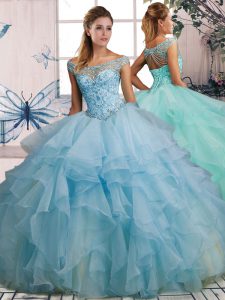 Affordable Light Blue Ball Gowns Off The Shoulder Sleeveless Organza Floor Length Lace Up Beading and Ruffles Quinceanera Dress