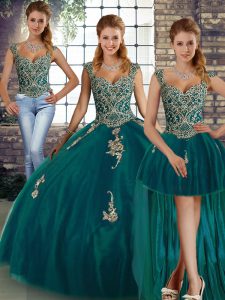 Enchanting Straps Sleeveless Tulle Ball Gown Prom Dress Beading and Appliques Lace Up