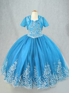 Baby Blue Tulle Lace Up Kids Pageant Dress Sleeveless Floor Length Beading and Embroidery
