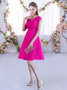 Delicate Lace V-neck Cap Sleeves Lace Up Lace Court Dresses for Sweet 16 in Hot Pink