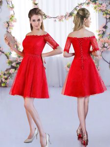 Red Quinceanera Court Dresses Wedding Party with Lace Off The Shoulder Half Sleeves Lace Up