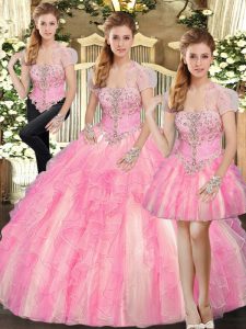 Lovely Baby Pink Ball Gowns Beading and Ruffles Quinceanera Gown Lace Up Tulle Sleeveless Floor Length