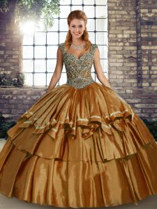 Great Sleeveless Taffeta Floor Length Lace Up Quinceanera Gowns in Brown with Beading and Ruffled Layers