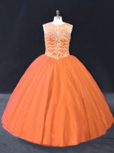 High Class Sleeveless Tulle Floor Length Lace Up 15th Birthday Dress in Orange with Beading