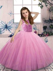 Nice Scoop Sleeveless Little Girl Pageant Gowns Floor Length Beading Lilac Tulle