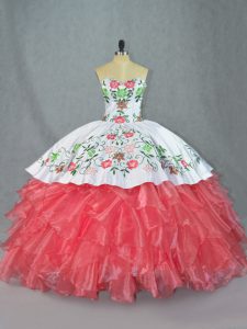 Lovely Sweetheart Sleeveless Quince Ball Gowns Embroidery and Ruffles Watermelon Red Satin and Organza