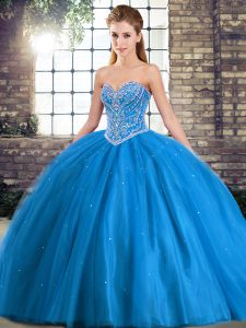 Ball Gowns Sleeveless Baby Blue Quinceanera Gowns Brush Train Lace Up