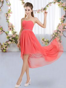 Chiffon Strapless Sleeveless Lace Up Beading Quinceanera Dama Dress in Watermelon Red