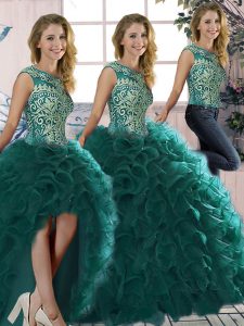 Customized Peacock Green Three Pieces Beading and Ruffles Quinceanera Gowns Lace Up Organza Sleeveless Floor Length