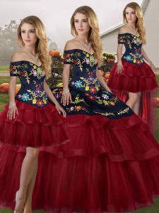 Wine Red Sleeveless Brush Train Embroidery and Ruffled Layers Quinceanera Dress